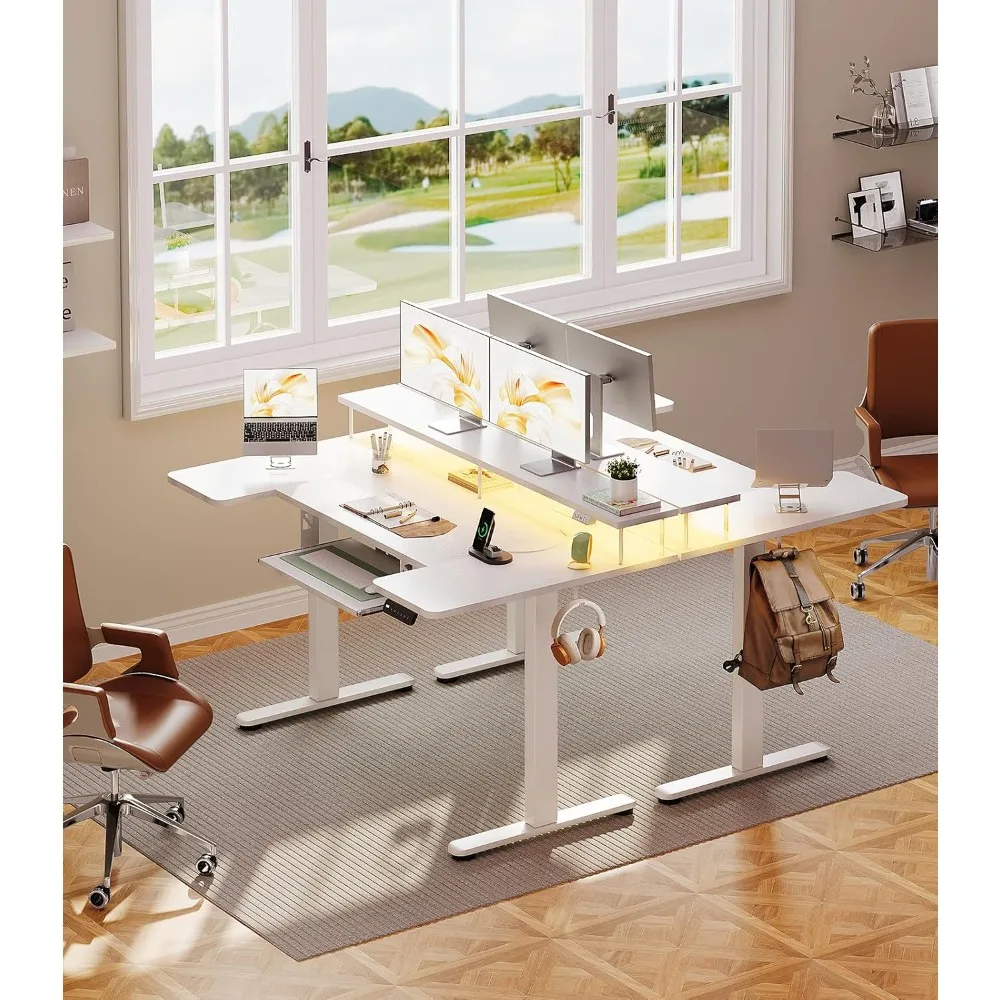 مكتب قائم كهربائي على شكل حرف U مع صينية لوحة مفاتيح، مكتب قابل للتعديل بارتفاع 55 بوصة مع منافذ طاقة وأضواء LED، حامل الجلوس T