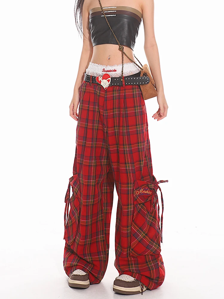 Checked Trousers Women Vintage Plaid Loose Cargo Pants Y2K Hip Hop Wide Leg Long Pants High Waist Straight Red Plaid Pants