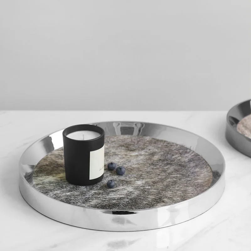 Modern Guncolor Silver Metal Mirror Round Tray High-Grade Horse Hair Storage Tray Sample Room Living Room Coffee Table Ornaments