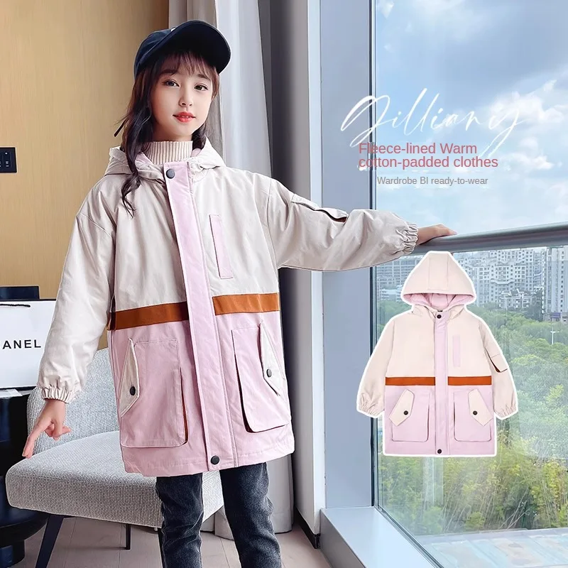 4-14-Year-Old Girls' Winter Fashionable Fleece-Lined Cotton-Padded Coat 2023 New Winter Clothing  Girls  Matching Workwear Coat