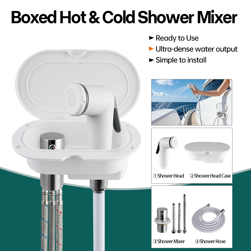 Marine Hot Cold Deck Shower Box Kit with Pull Out Handheld Sprayer Recessed Boat Shower Mixer for RV Yacht Camper