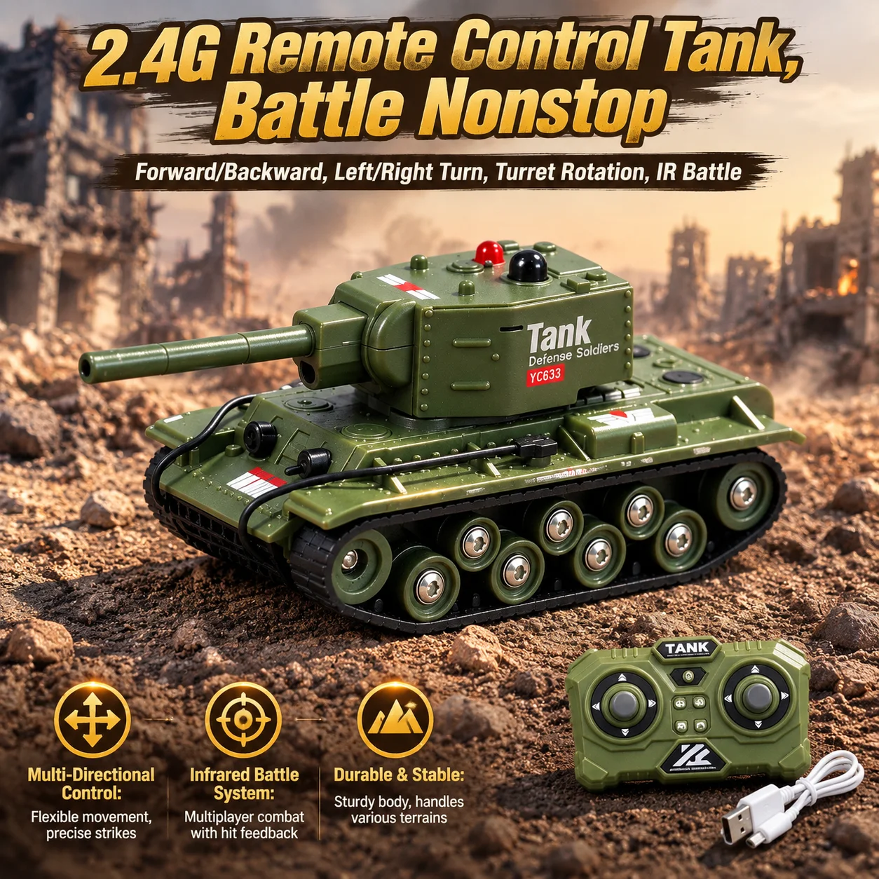 RC Military Tank with Controllable Turret, USB Rechargeable Infrared Battle Tracked Car, Thick Rubber Tracks Gift for Boys ﻿