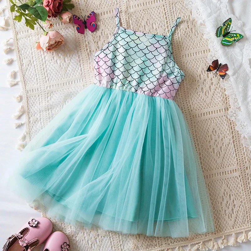 Girls' Sleeveless Sling Mermaid Princess Vestidos, Roupas infantis, Algodão, Impresso, Bonito, Bebê, Birthday Party, Traje