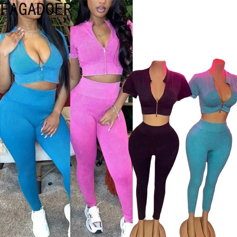 FAGADOER High Quality Rib 2 Piece Sets Women Outfit Casual Zip Crop Top and Stretchy Leggings Pants Suits Jogger Sportswear