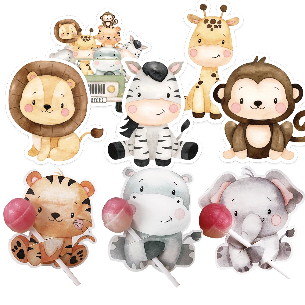 48pcs Pink Carton Animal Lollipop Cards Candy Holder Supplies For Girl\'s Wild Forest Happy Birthday Party Candy Gift Accessory