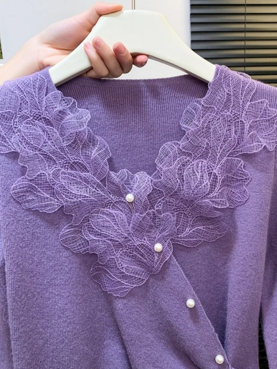 Ele Long Sve Lace V-Ne تريكو المرأة الخريف الشتاء جديد Sle قاعدة طبقة ملابس داخلية سترة تخفيف الكورية Sle S...