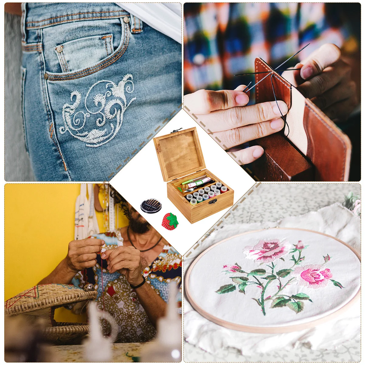 

200 Yards Wooden Sewing Box Premium Needlework Kit 30 Assorted Needles Stainless Steel Seam Ripper Scissor Threader Pin Cushion