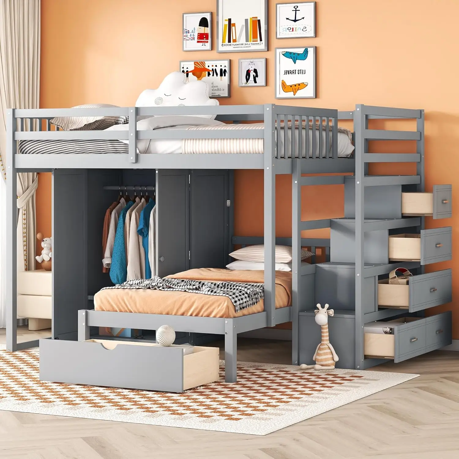 Modern Full Over Twin Bunk Bed with Built-in Wardrobe, L-Shape Solid Wood Bunk Bed Frame with Storage Staircase and Drawers,