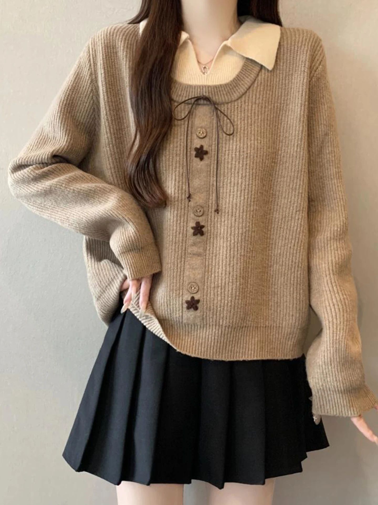 

Autumn Winter plus Size Knitwear Collar Fake Two-Piece Design Sensation Slimming Super Beautiful Top for Young Women