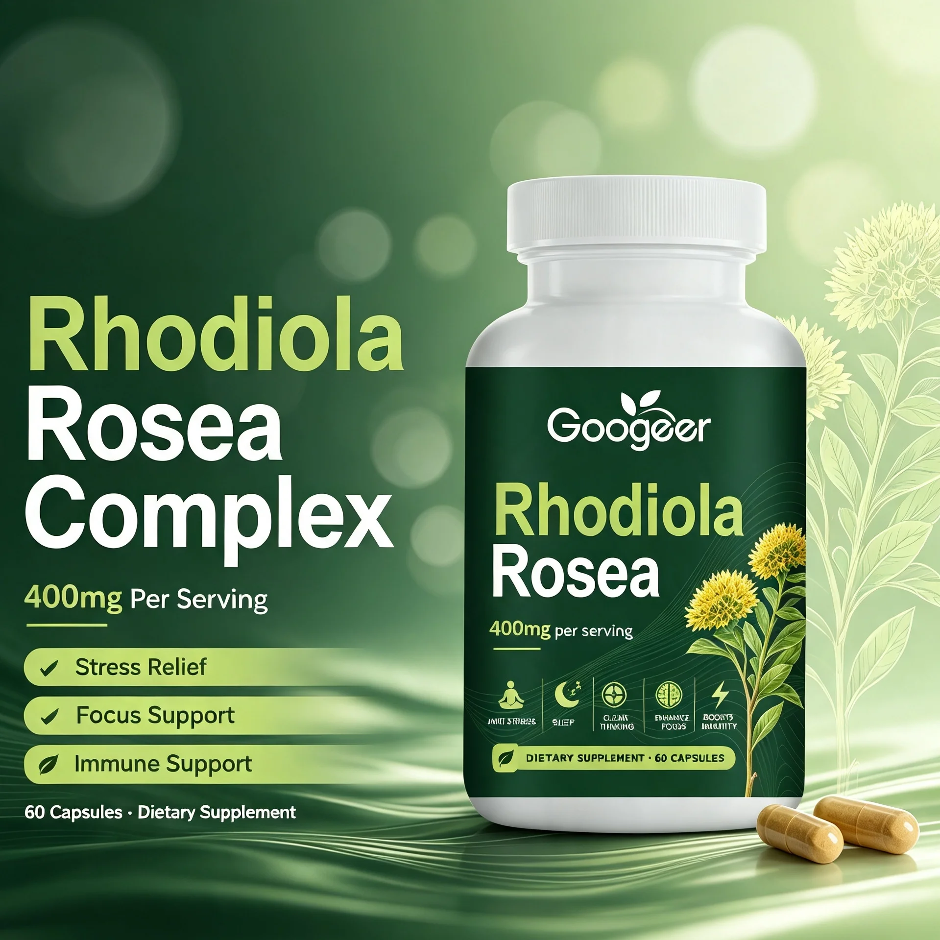 Rhodiola Complex Capsules Adaptogen Supplement Stress Relief Mood Support Boost Natural Energy Focus Brain Health Vegan Non-GMO