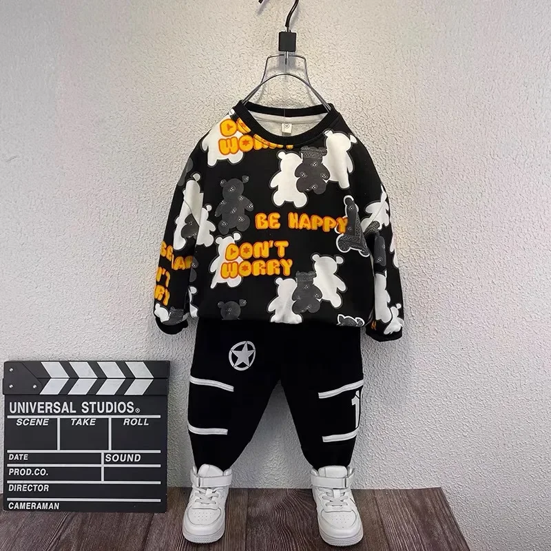 Spring Autumn Kids Bear Pattern Clothes Sets 2-14Y Kids 2pcs Winter Children's Pullover+pants Children Letter Sweater Suits image 3