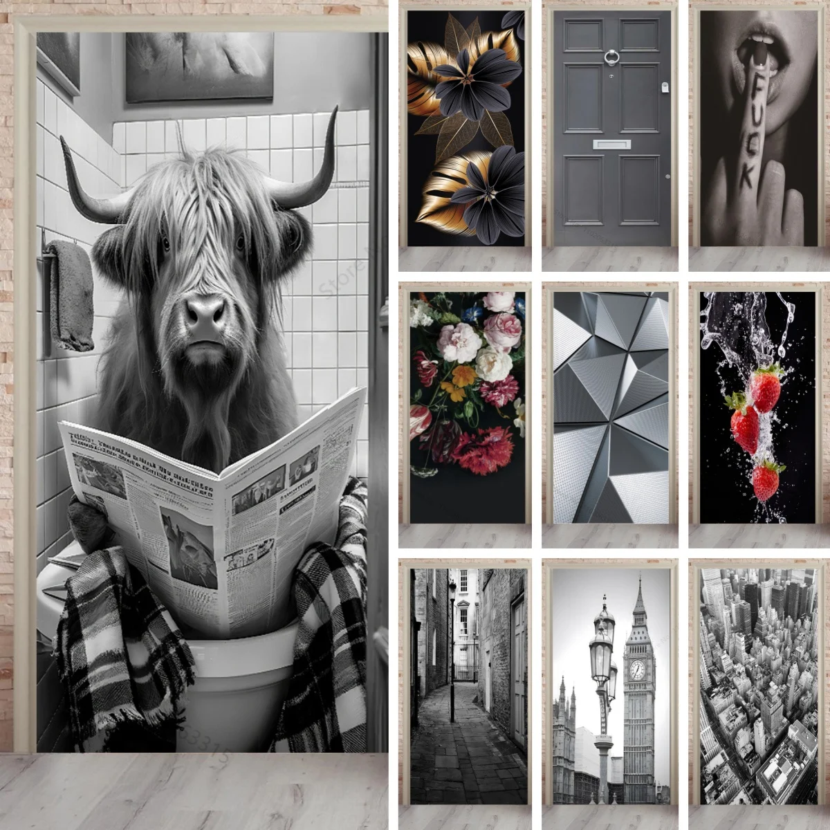 

Black Yak Door Mural Peel And Stick Removable Self-Adhesive Wallpaper, Waterproof Vinyl Door Sticker For Home Decor Living Room