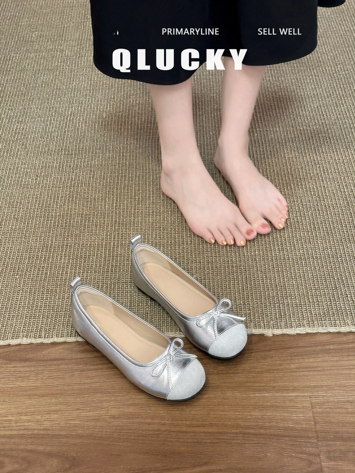 silver-ballet-bean-bean-shoes-soft-bottom-square-head-women's-fashion-single-shoes-french-style-slip-on-anti-slip-summer-flats