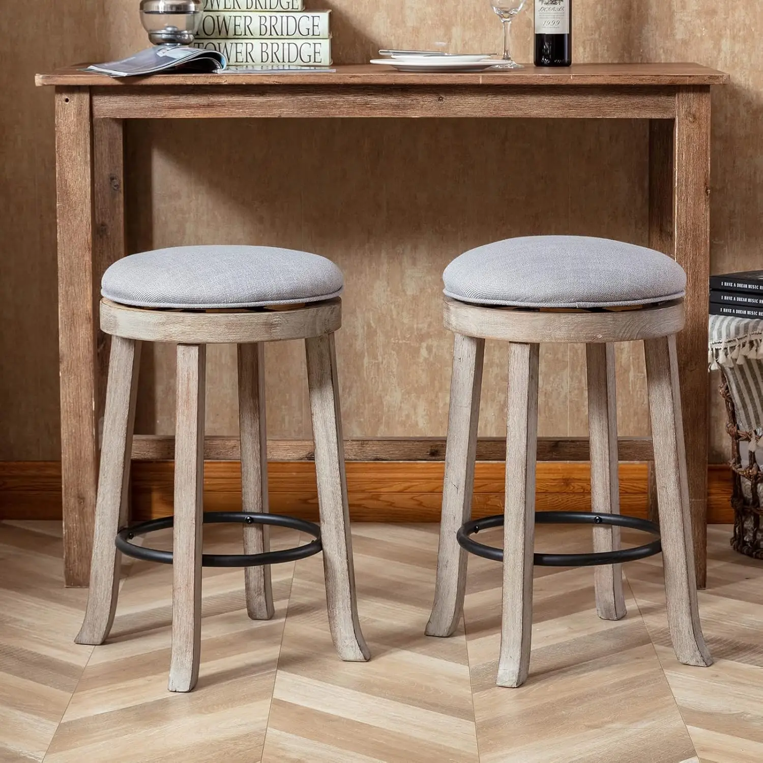 

Vintage Swivel Bar Stools 26in Counter Height Fabric Armless Rubberwood Legs Farmhouse Kitchen Island Dining Grey, Customized