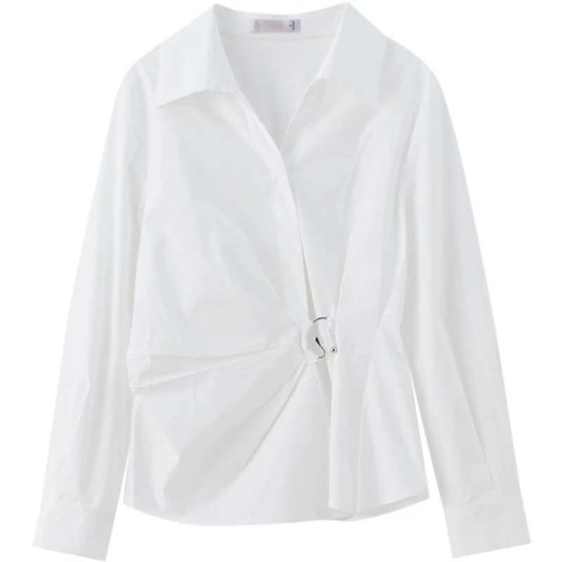 SENTUBILA Designer Shirt 2025 Women's Autumn New Turn-down Asymmetrical Shirring Buckle Long-sleeved Tops Elegant W53CA2861