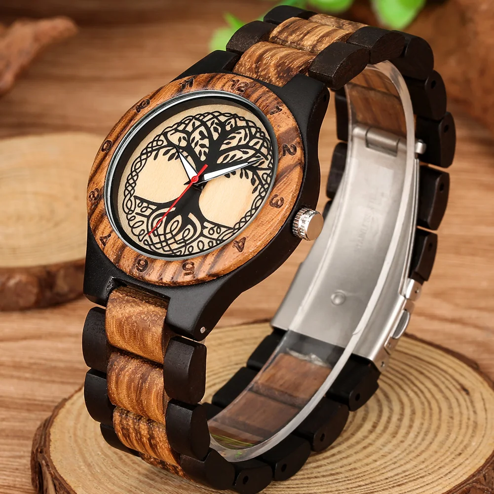 Relojes de madera a escala para mujer, reloj de pulsera de madera de cebra con números árabes, cierre plegable, esfera con patrón de árbol de la vida