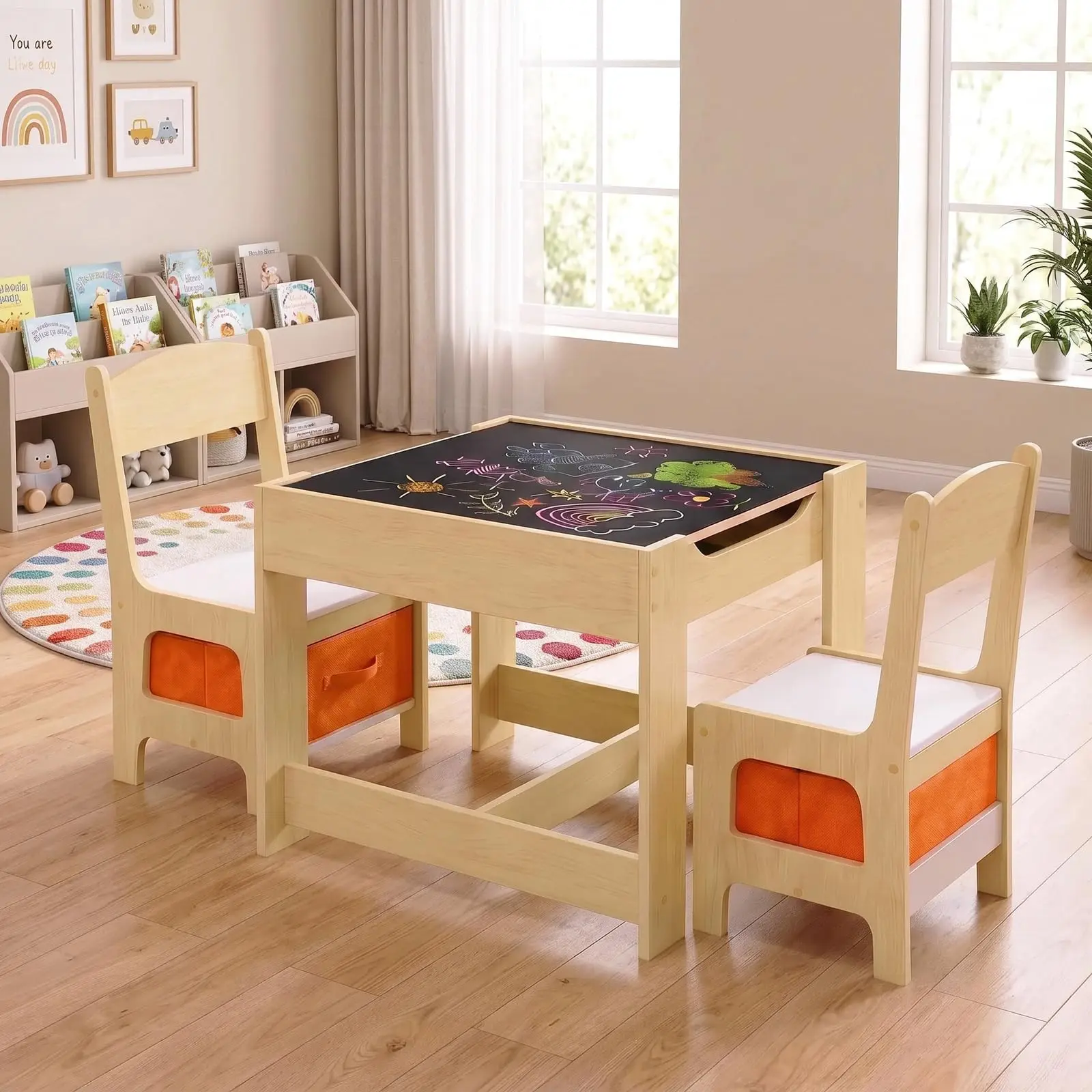 Table & 2 Chairs Set, 4 in 1 Wooden Activity Table w/Storage