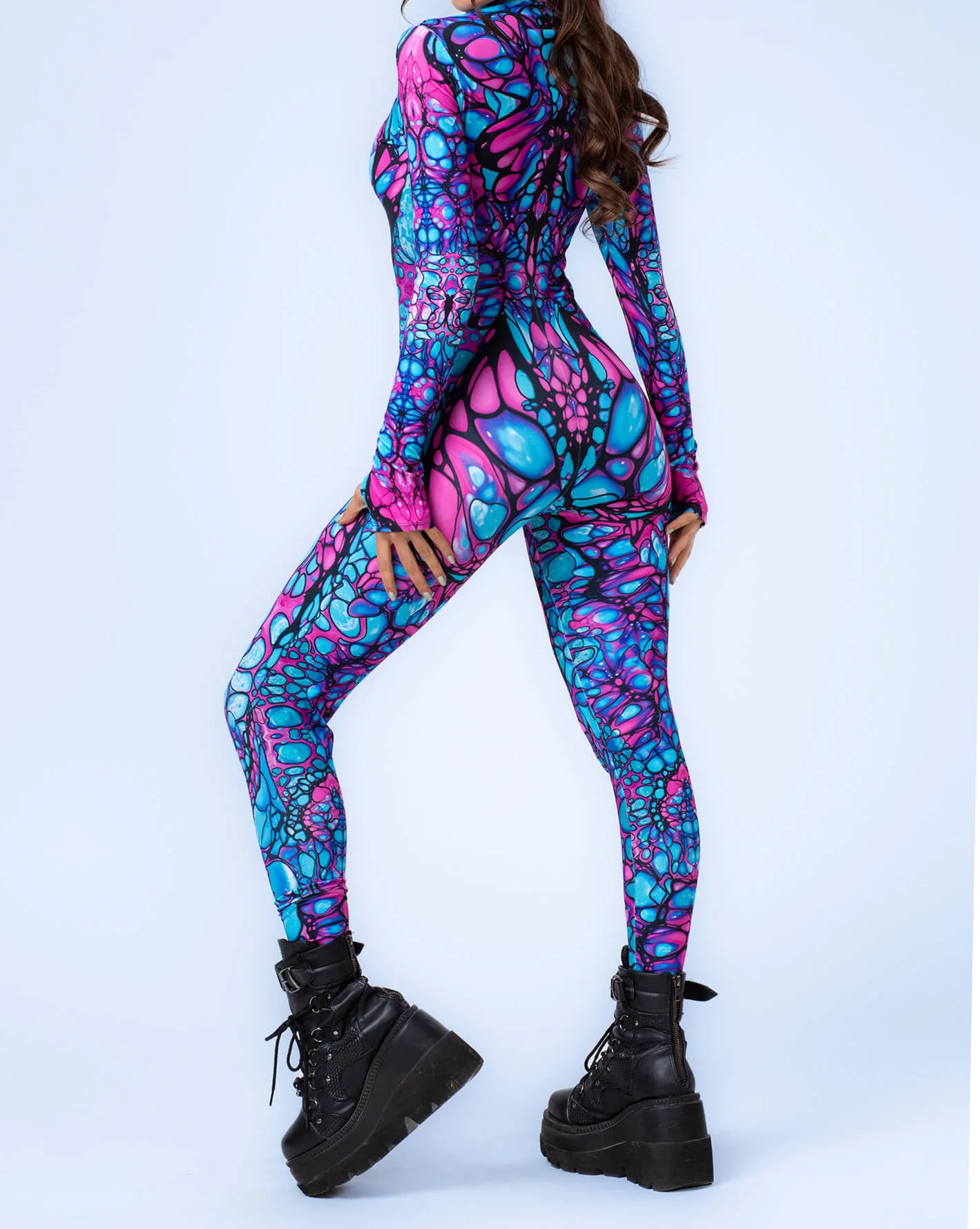 Bunt bedruckter Damen-Jumpsuit für Urlaub und Party, Punk-Zentai, Rave-Outfit, Yoga-Catsuit, Fahrrad- und Halloween-Anzug – Detail 16