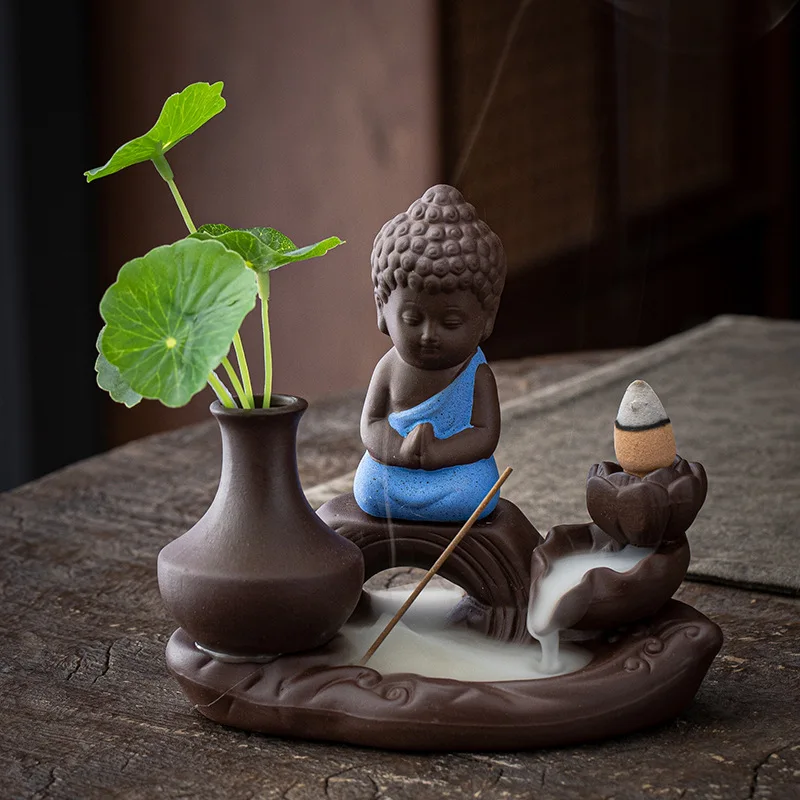 Buddha Backflow Incense Burner Ceramic Monk Home Decor Temple Buddhist Supplies Waterfall Landscape Decoration
