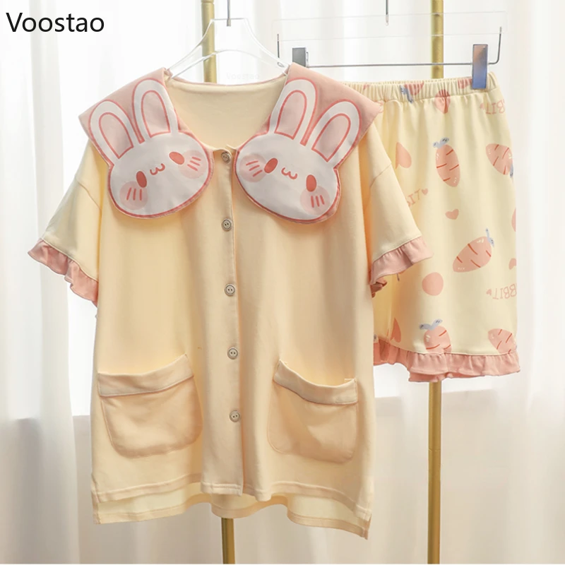 Sweet Lolita Princess Pajamas 2 Piece Sets Summer Women Cute Bunny Short Sleeve Tops Shorts Rabbit Sleepwear Female Chic Pyjamas