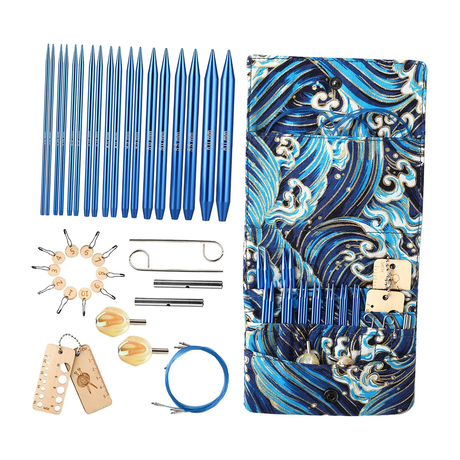 Circular Knitting Needles Set DIY Handicraft Knitting Needle with Blue Pattern Organizer for Darning Stitching Sewing Crafts