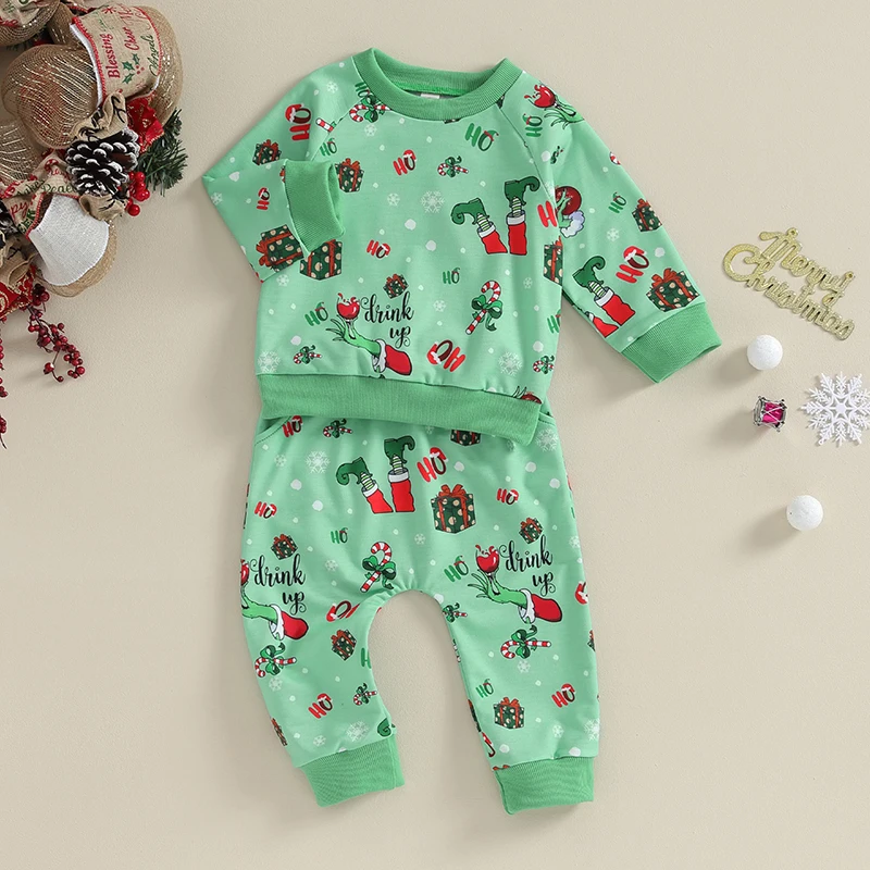 Infant Toddler Boy Christmas Outfits Long Sleeve Shirts Grinch Printing Sweatshirt Green Pants Set 2Pcs Outfits