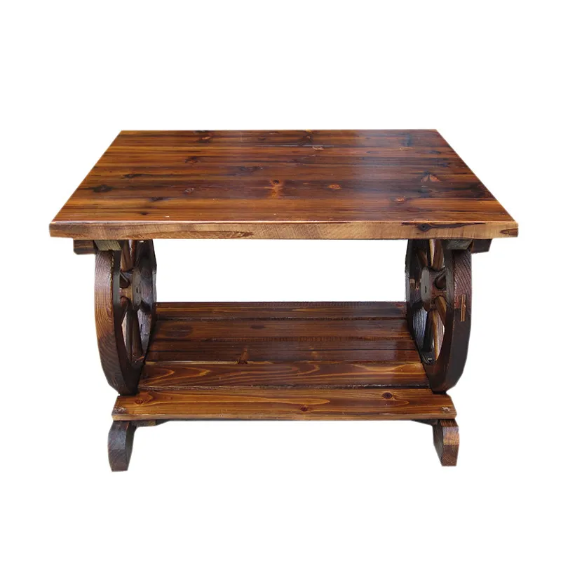 Outdoor Solid Wood Small Table, Wagon Wheel Design Rectangular Tea Table for Garden & Patio
