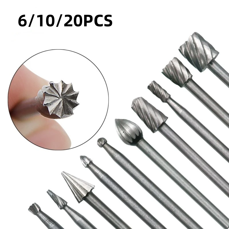 

6/10/20pcs HSS Routing Router Drill Bits Set for Dremel Carbide Rotary Burrs Tools Wood Stone Metal Root Carving Milling Cutter