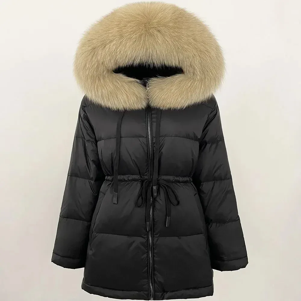 Pelliccia di procione naturale Cappotto di pelliccia caldo Donna Impermeabile 90% Piumino d'anatra Con cappuccio Grande fascia Cravatta Parka Piumino invernale femminile