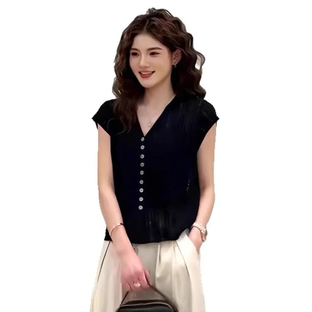 

Women's High-End V-neck Ice Silk Cardigan Short-Sleeved Knitted Summer Top Hollow-Out Loose Fit New Style