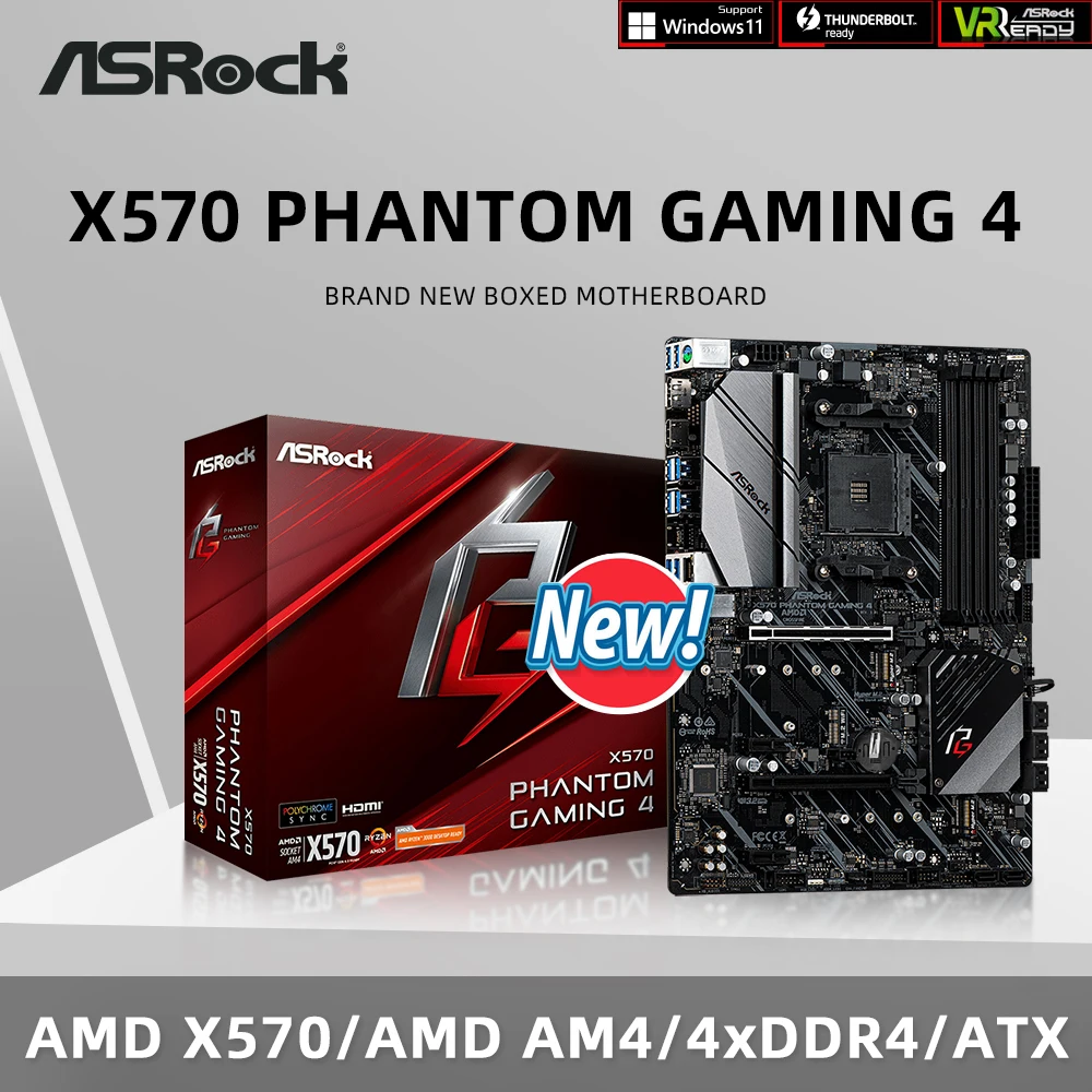 ASRock New X570 Phantom Gaming 4 Motherboard Supports Ryzen 5 5600 5600G R7 5700x3D 5800x3D CPU DDR4 3200MHz with Original Box