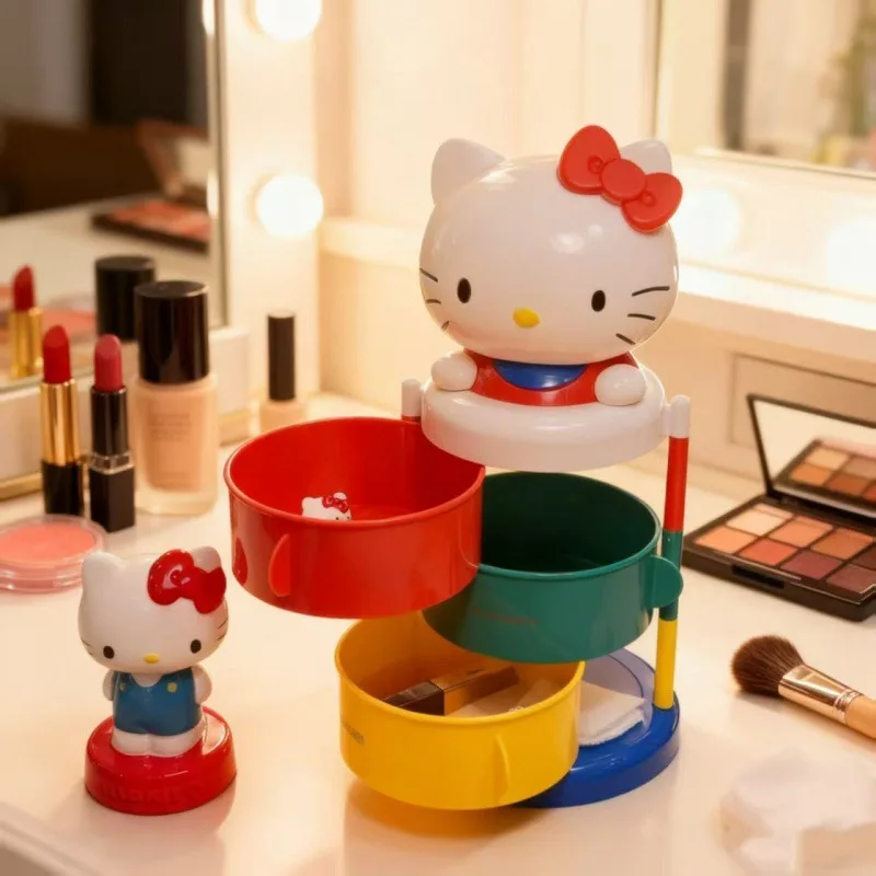 

Новая вращающаяся подставка Hello Kitty с трехслойным дизайном в виде кошачьей головы, органайзер для хранения, настольное украшение, милый аксессуар для макияжа