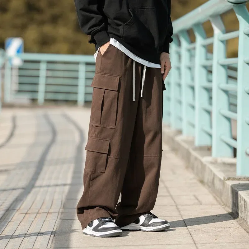 

Autumn Winter New Trendy Men Retro Coffee-colored Pure Cotton Multi-pocket Loose Casual Work Pants
