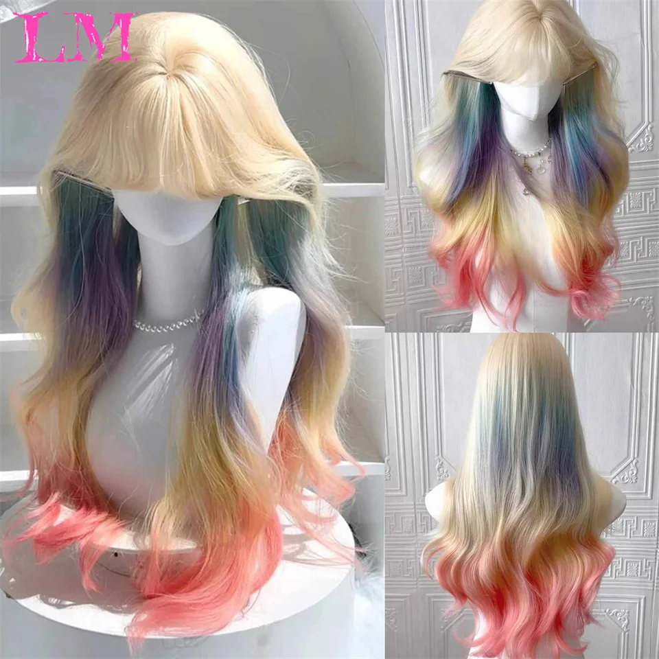 

LM синтетические парики розового цвета с челкой, длинный парик из натуральных волнистых волос для женщин, повседневного использования, косплей, термостойкий