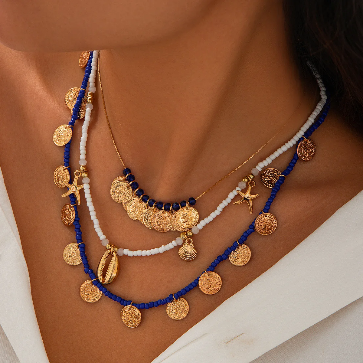 Vintage Portrait Coin Pendant Necklace with Multi Layer Seed Beads Ethnic Exotic Unique Lightweight Jewelry for Women Gift