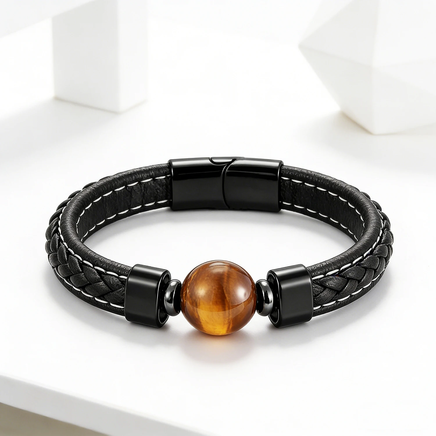 Bracelet en cuir et pierre naturelle pour hommes, œil de tigre, pierre de lave, fermoir magnétique en acier inoxydable, bijoux Vintage à la mode pour hommes