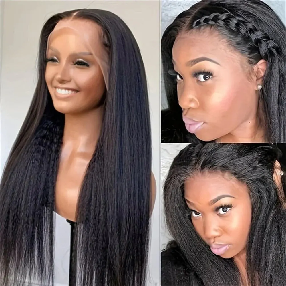 Long Kinky Straight Human Hair Wig 13x4x1 T Part Yaki Lace Wig With Baby Hair Heat Resistant Middle Part Wig Natural For Women