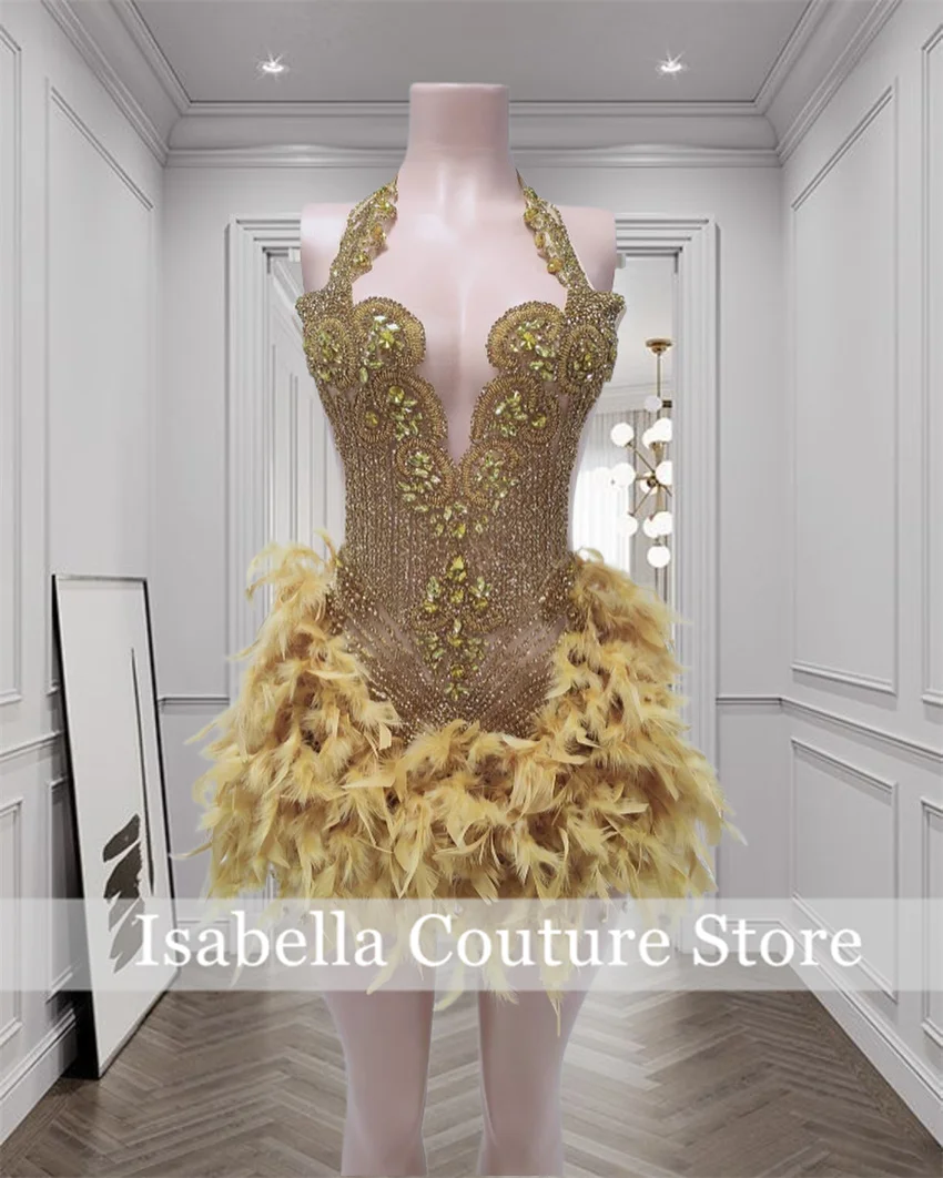 Sparkly Gold Rhinestones Short Prom Dress Halter Feathers Glitter Beads Crystal  Birthday Senior Party Cocktail Robe Vestidos
