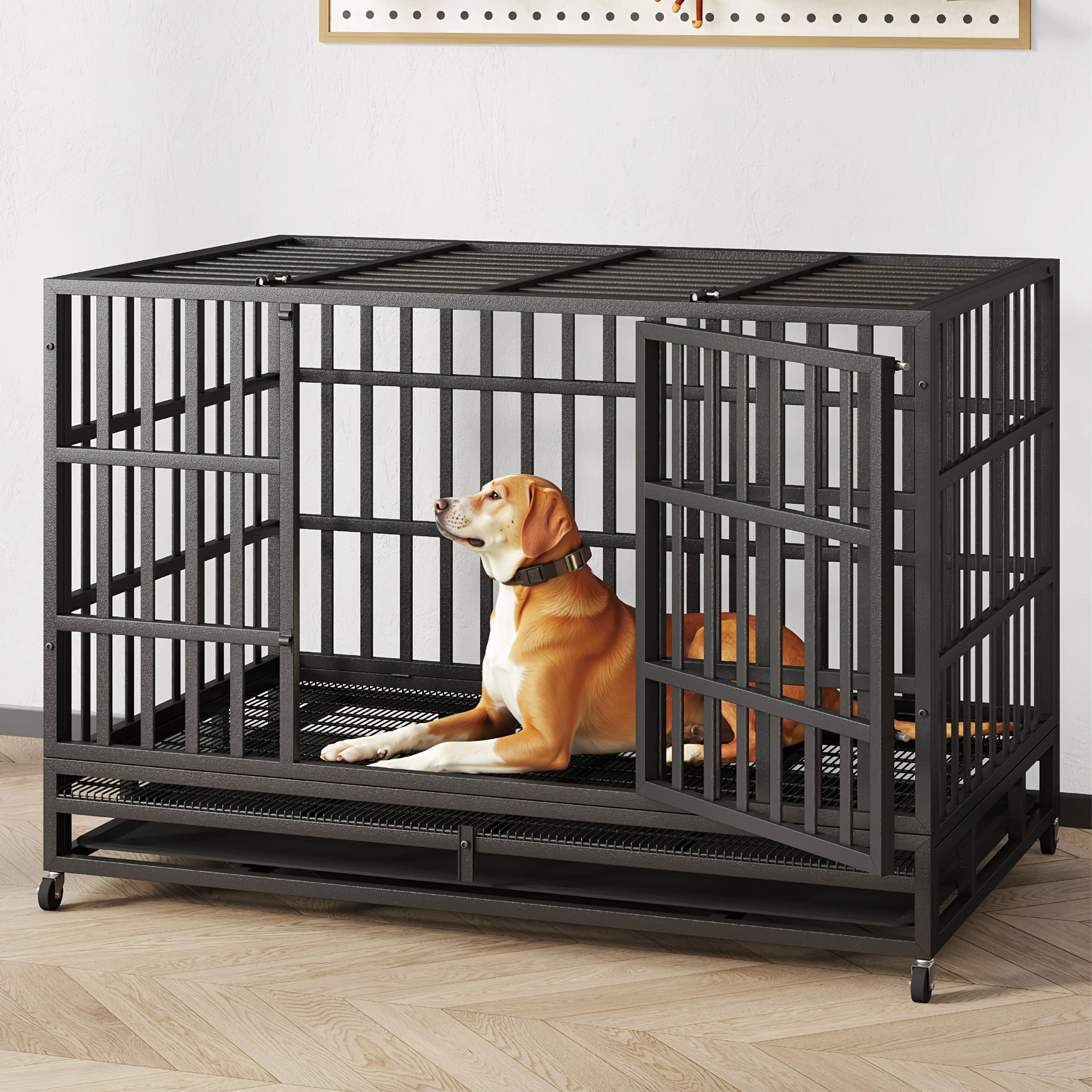 

Прочная мобильная клетка для собак 48 и 42 дюйма с колесами и съемным поддоном – усиленная, подходит для крупных пород, просторный вольер для улицы