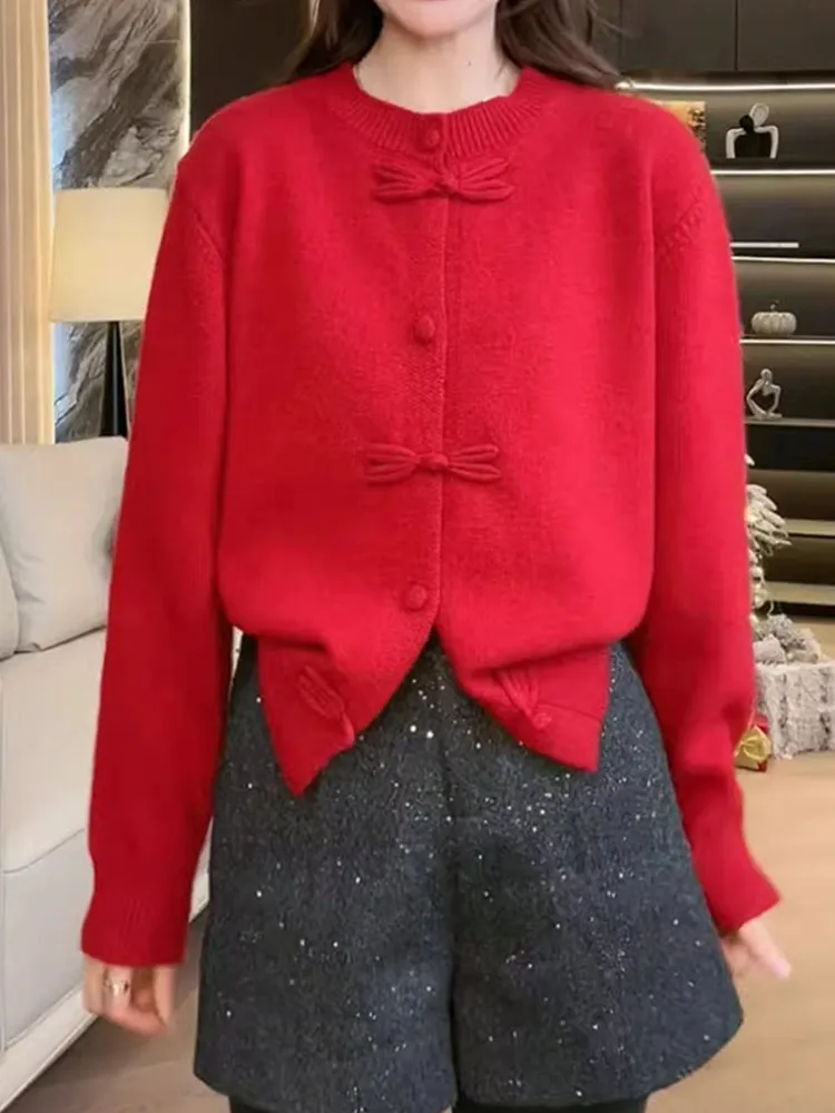 

Модный вязаный свитер Long Sve round Ne с дизайном пуговиц красного цвета Ele Lazy Sle Женский Jaet