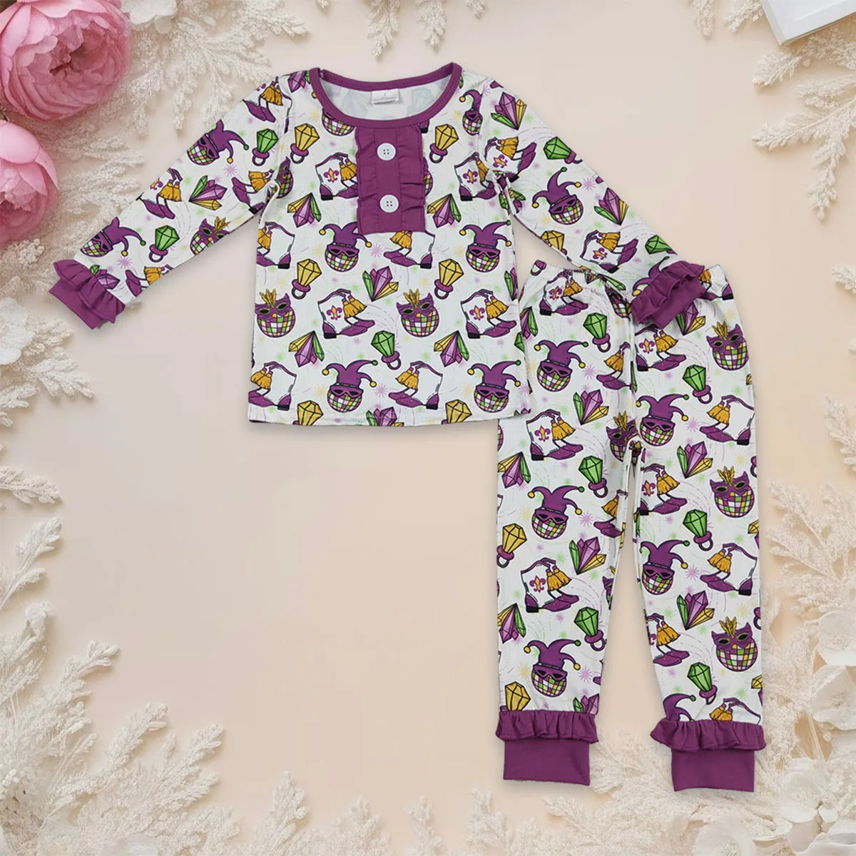 

Baby Girl Long Sleeve Top Mardi Gras Anchor Button Kids Pajamas Set Toddler Pant Children Sleepwear Outfit Comfortable Wholesale