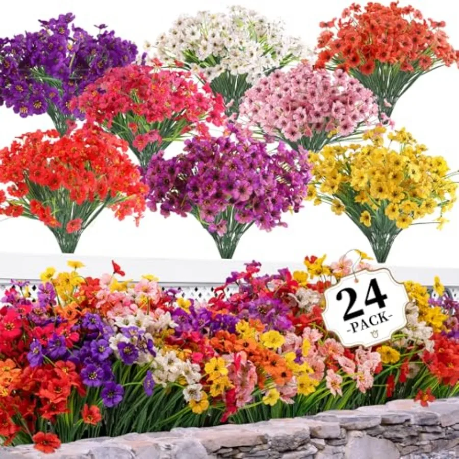 

24 Bundles Artificial Flowers for Outdoors/Indoors, Fake Flowers Plants for Indoor Outside Garden Porch Window Box Home Wedding