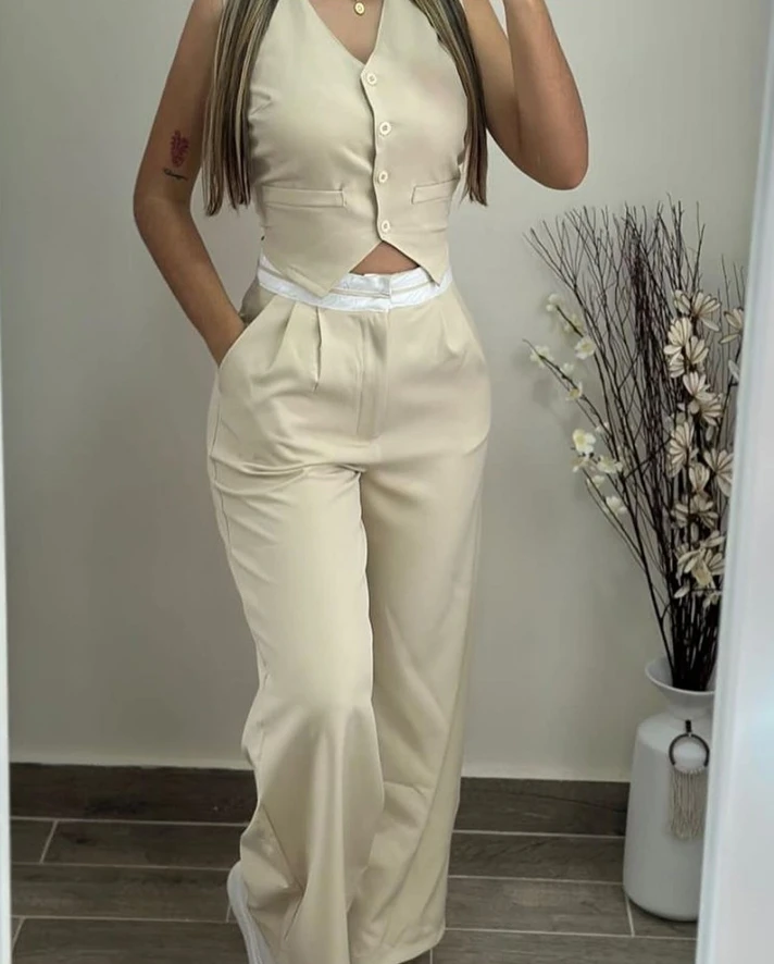 Hot Selling 2 Psc for Women 2024 Summer Casual Simple Solid Color Sleeveless V-Neck Buttoned Vest Top & Pocket Design Pants Set