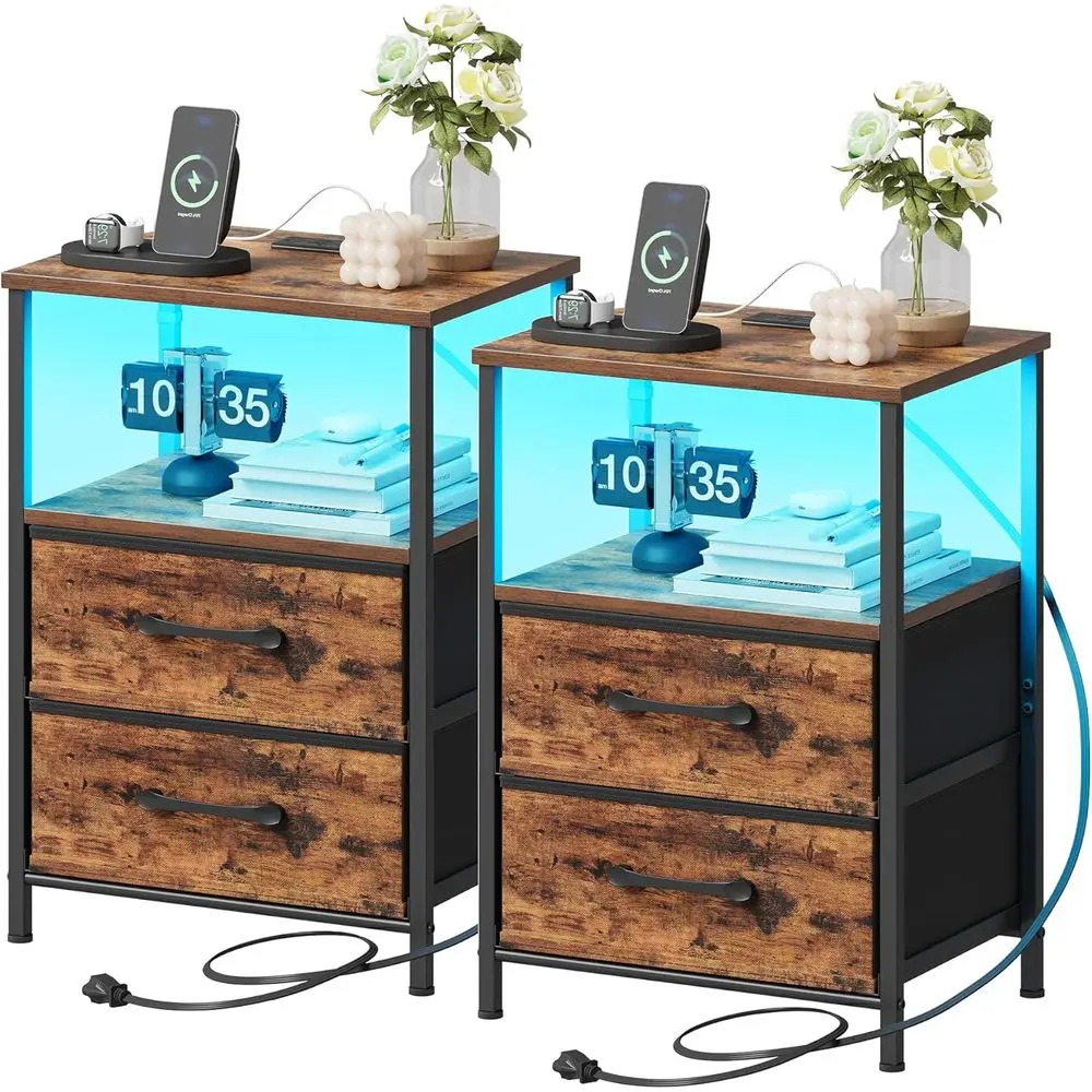 

Set of 2 Nightstands with Charging, LED Lights, Fabric Drawers, Open Shelf, Rustic Brown