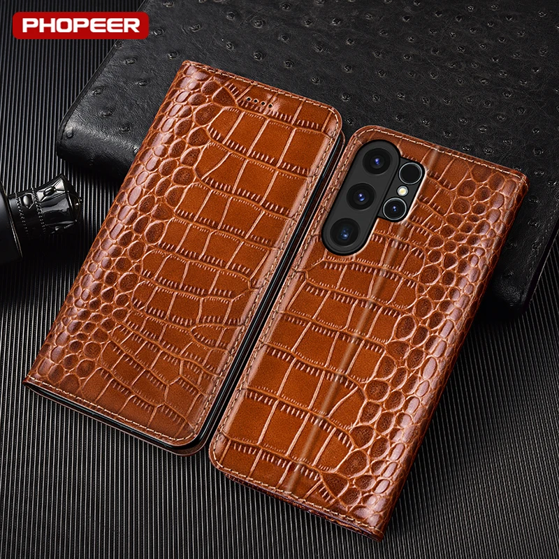 

Чехлы для телефонов из натуральной кожи с текстурой крокодила для Samsung Galaxy S25 S24 S23 S22 S21 S20 FE Ultra Plus Edge с карманом для карт