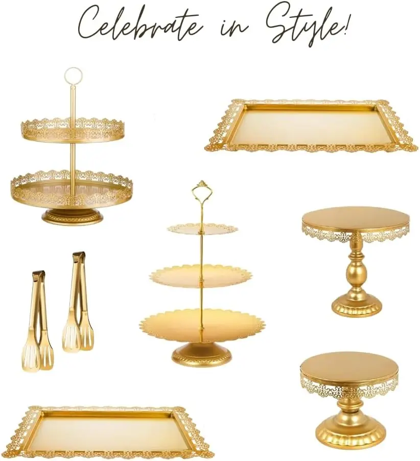 Gold 8-Piece Cake Stand & Dessert Display Set Elegant Metal Tiered Cupcake Holder, Serving Tray & Platter for Weddings Birthdays