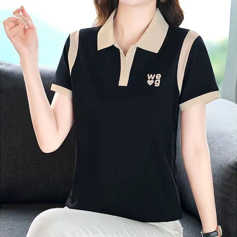 Women Clothing 2024 Summer Korean Fashion Contrast Color Short Sleeve Polo T-shirt Elegant Letter Embroidery Button Sports Tops