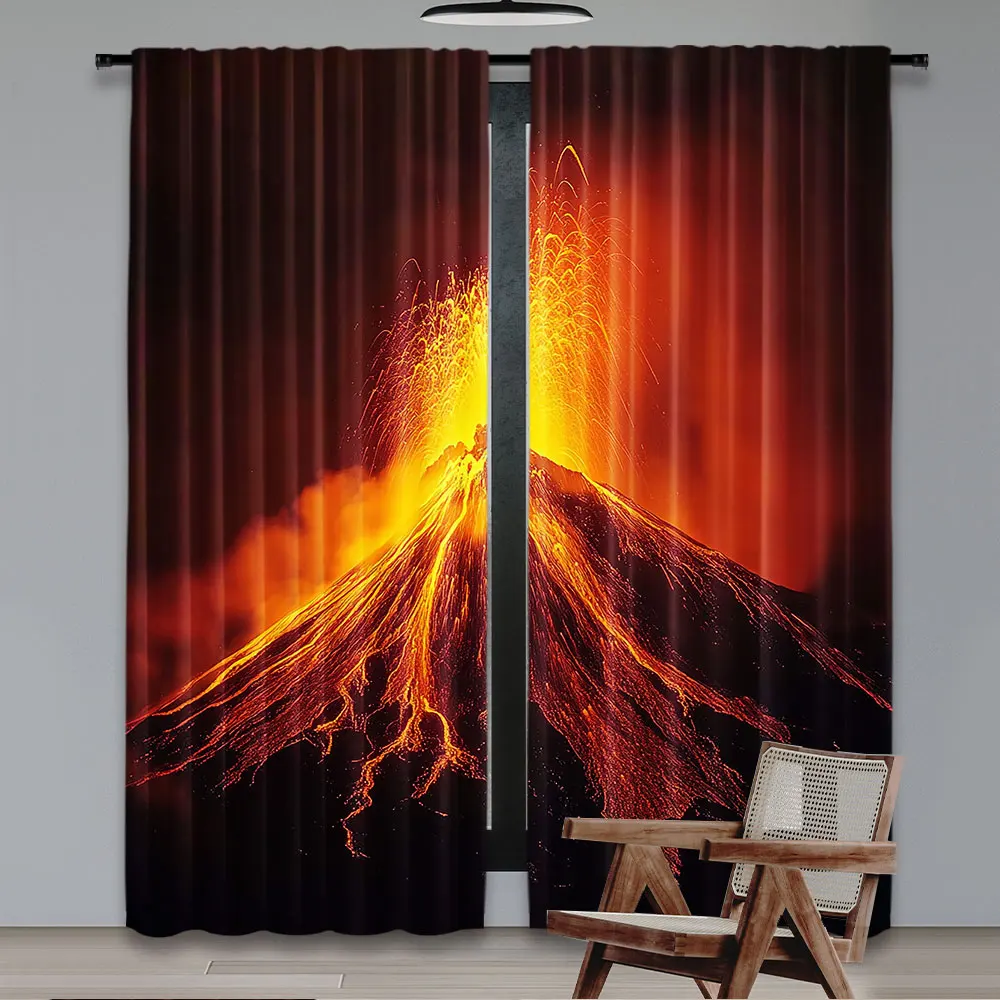 2Pcs Volcano Curtain Tungurahua Volcano In Ecuador Exploding At Night Nature And Geology Suitable For Bedroom Bathroom Living