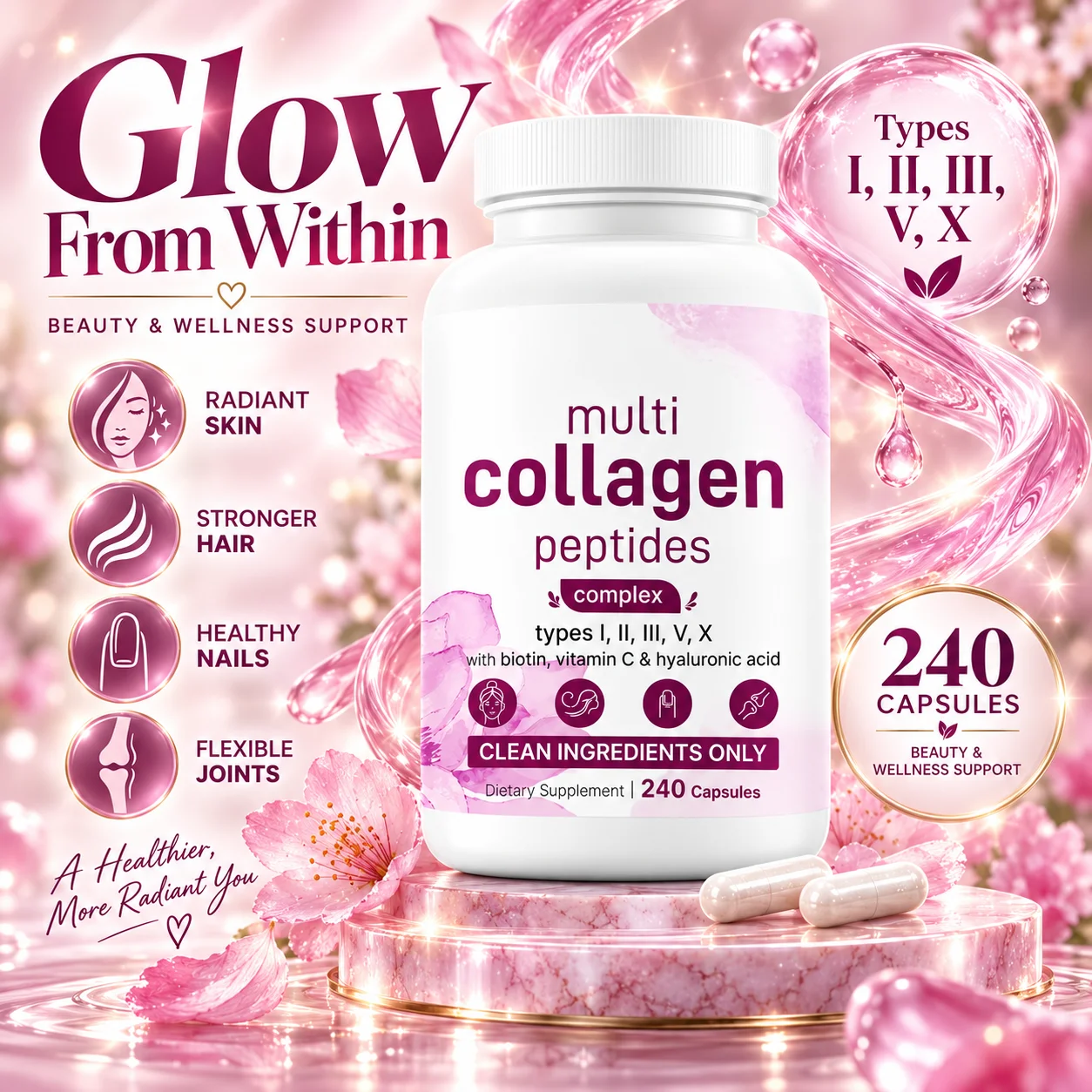 Multi Collagen Capsules Type I II III V X with Biotin Hyaluronic Acid Vitamin C Supports Skin Hair Joint Wellness 240ct