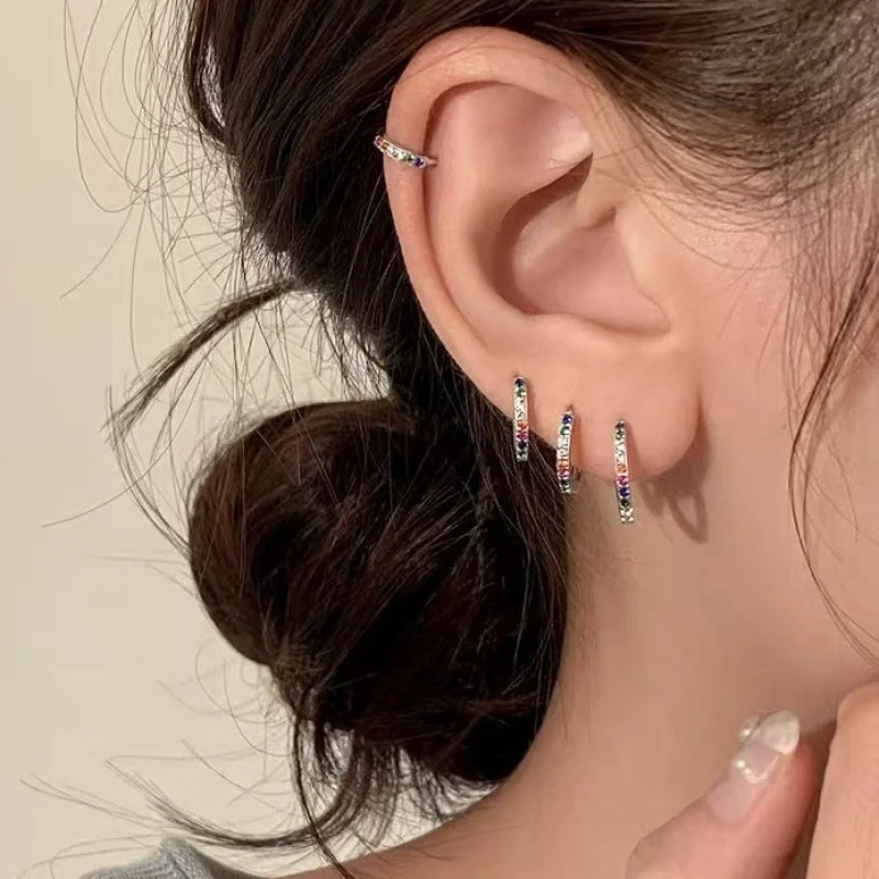 Pure 925 silver multi-colored zirconia 6/8/10 mm circular earrings, exquisite jewelry suitable for fashionable women to wear, si